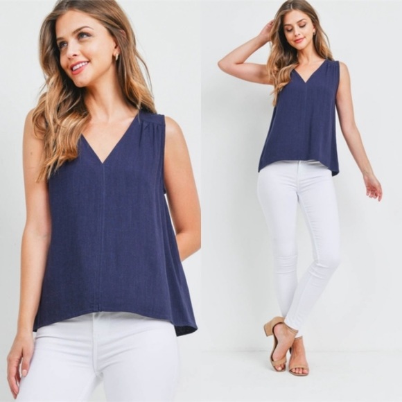 Sleeveless Linen Navy Blue Blouse - Picture 3 of 3
